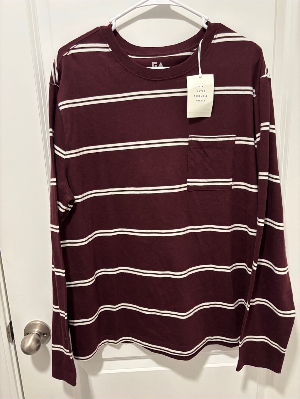 Striped Maroon Long-Sleeve Pocket Tee